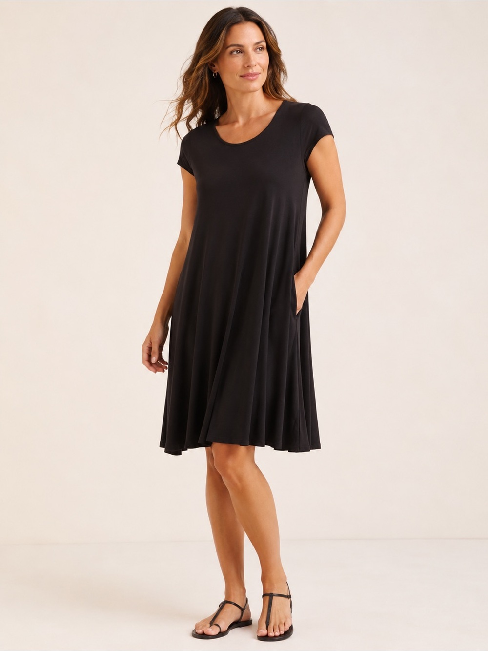Karen Kane Black Swing Dress Size Small Made in USA Short Sleeve A-Line